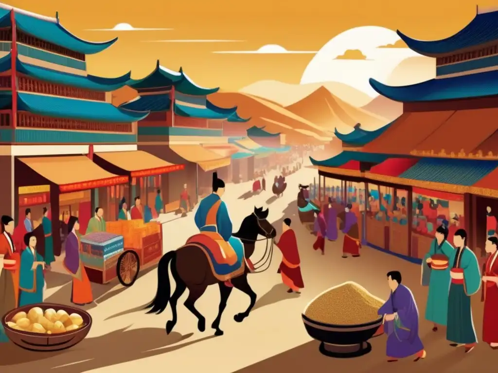 Un detallado y vibrante dibujo digital de Zhang Qian iniciando su viaje por la Ruta de la Seda, rodeado de un bullicioso mercado con comerciantes intercambiando bienes de todo el mundo