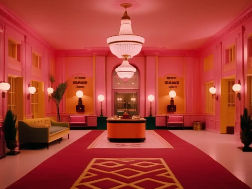 Detalle simétrico y estética inconfundible de Wes Anderson en el lobby de 'The Grand Budapest Hotel