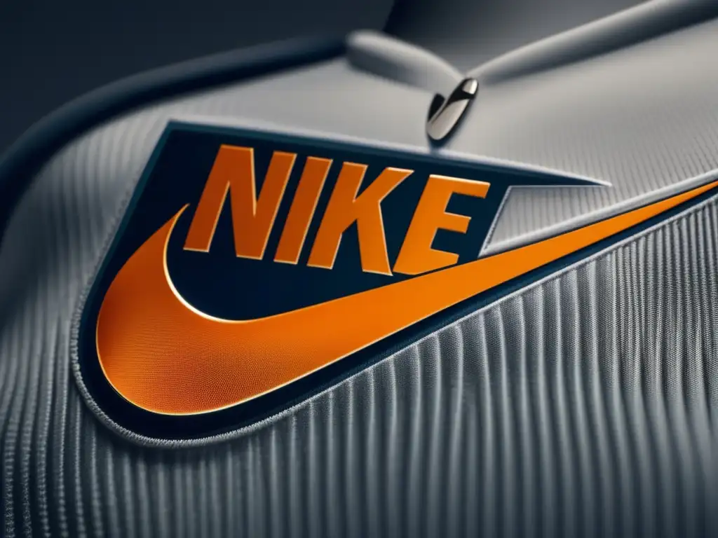 Detalle del icónico logo de Nike, con textura de tela y costuras visibles, reflejando la artesanía y legado de la marca