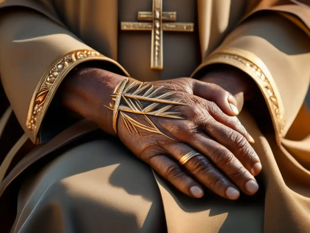 Ultradetalle de las manos con estigmas de Padre Pío: reverencia y asombro- Detalle impresionante de los estigmas en las manos de Padre Pío, con textura y color realistas