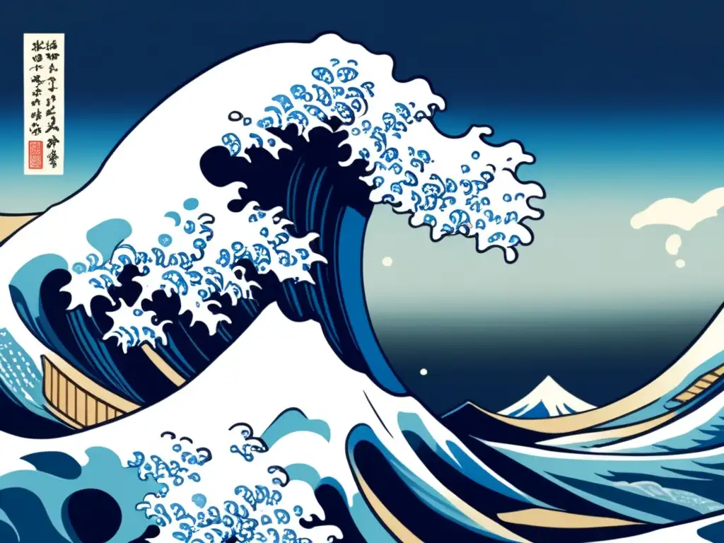 Un detalle impresionante del legado artístico de Katsushika Hokusai en Japón, con las olas dinámicas de 'La gran ola de Kanagawa' en vibrantes azules y blancos