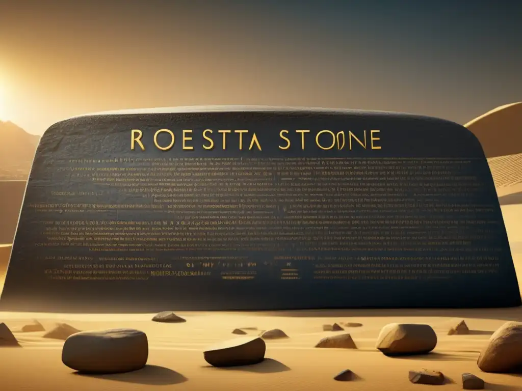 Detalle impresionante de la Piedra de Rosetta, muestra jeroglíficos egipcios y textos en griego