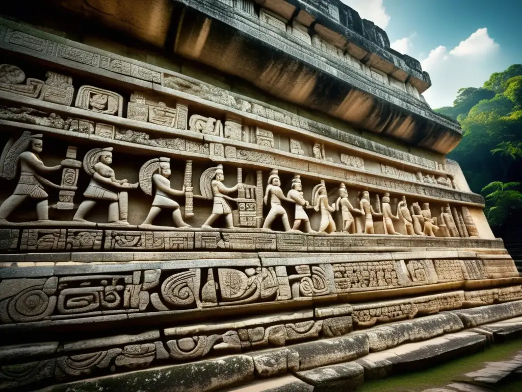 Detalle de las impresionantes esculturas y tallados en la fachada del Templo de las Inscripciones en Palenque, destacando el esplendor y colapso maya