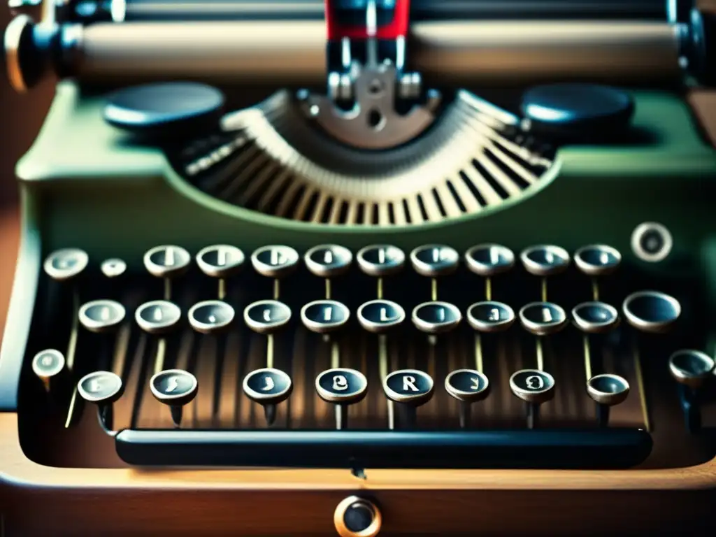 Detalle en primer plano de una antigua máquina de escribir, resaltando las teclas desgastadas y la intrincada mecánica