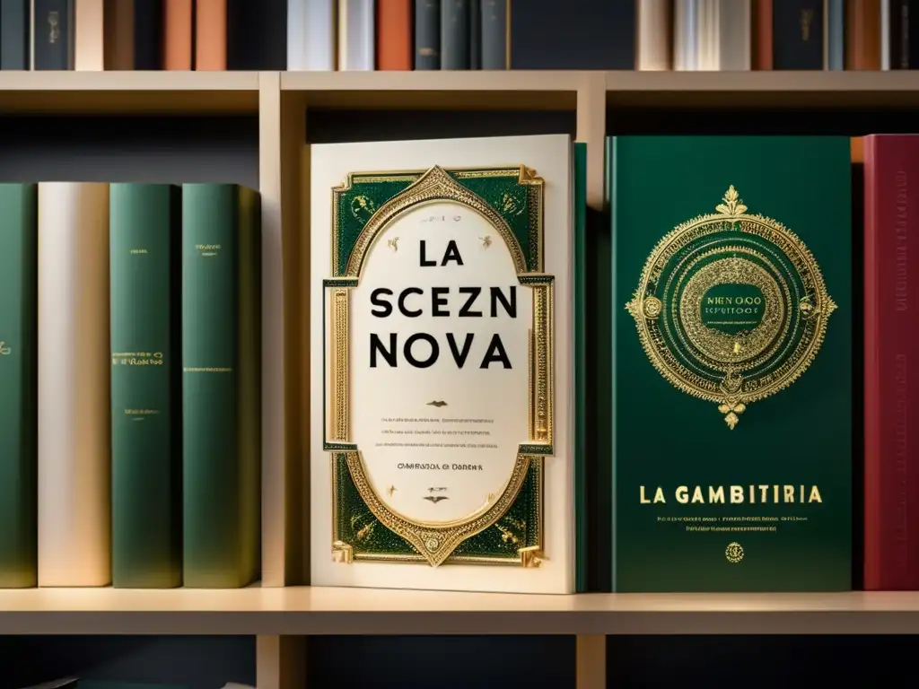 Detalle en 8k de 'La Scienza Nuova' de Giambattista Vico en un elegante librero moderno, iluminado suavemente