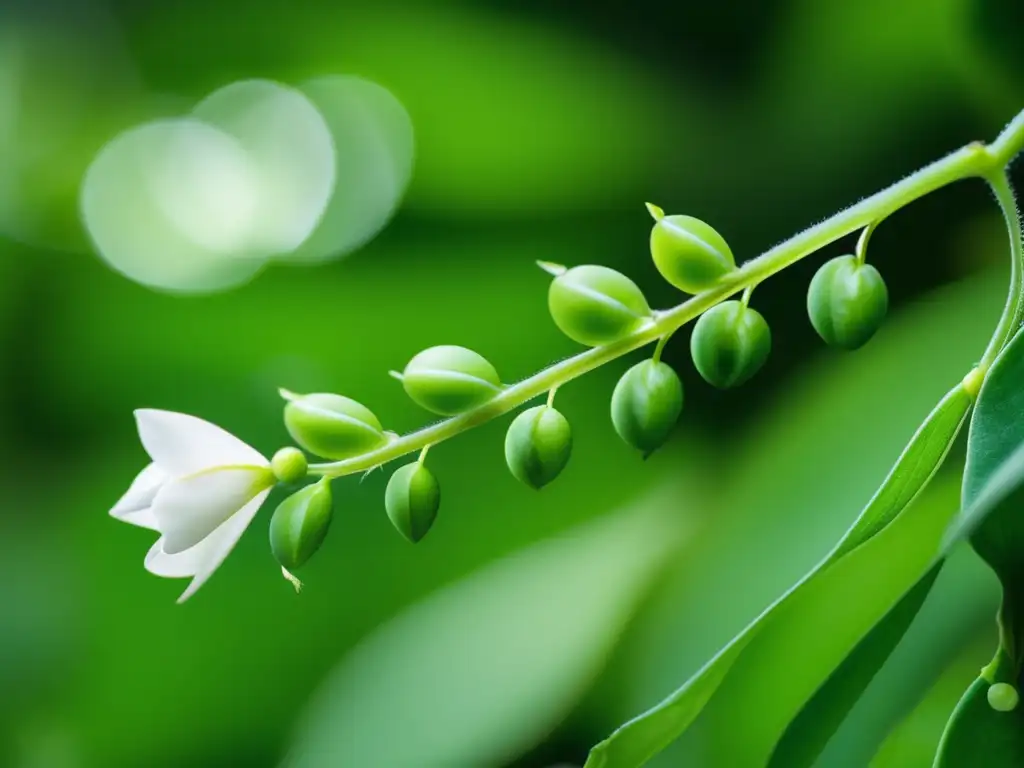 Un detalle ultra definido de una planta de guisante con hojas verdes vibrantes y delicadas flores blancas, destacando la compleja herencia genética