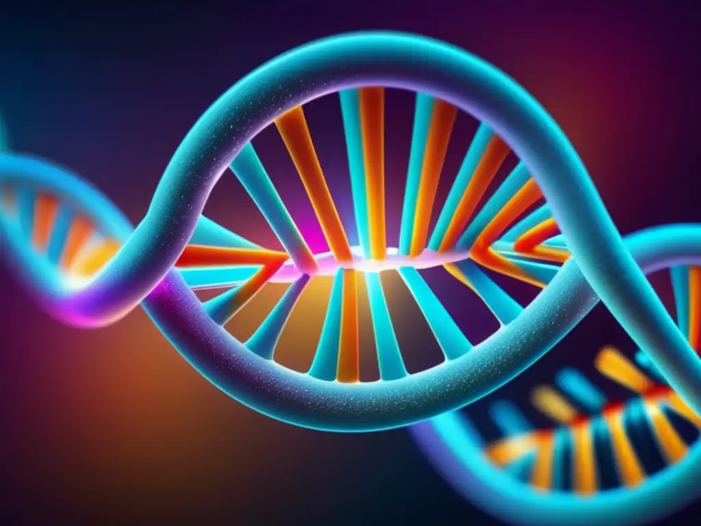 Un detalle ultradetallado de la estructura de doble hélice del ADN, con colores vibrantes que representan los nucleótidos y pares de bases