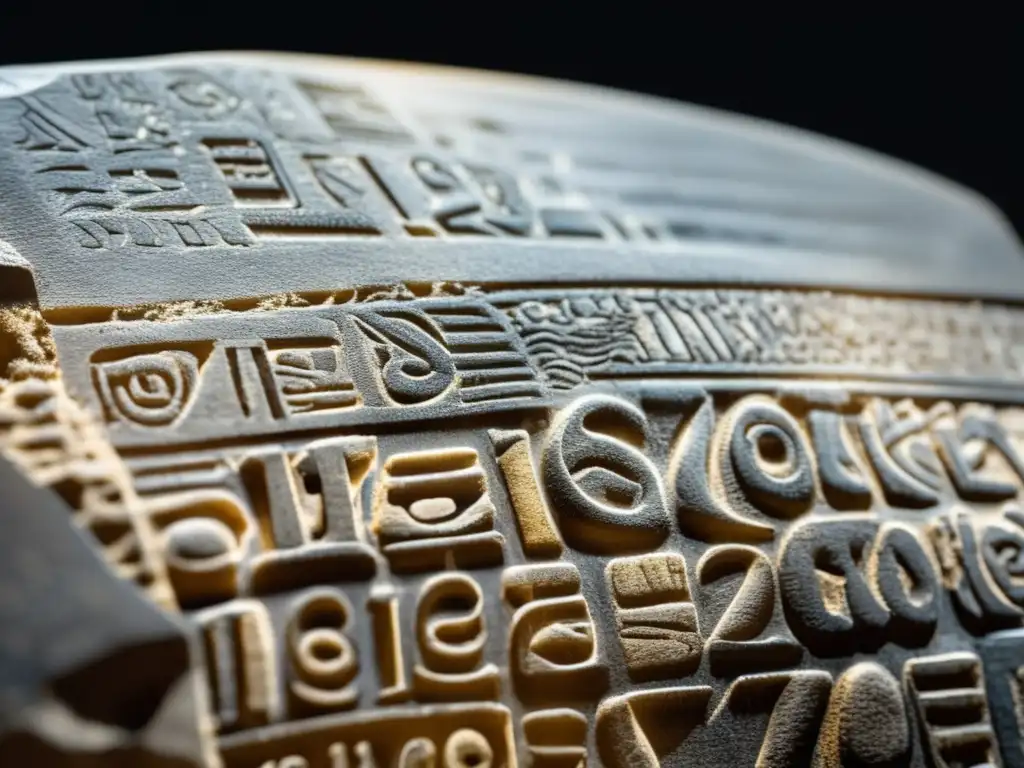 Detalle ultradetallado de la Piedra Rosetta, resaltando los jeroglíficos, escritura demótica y texto en griego antiguo