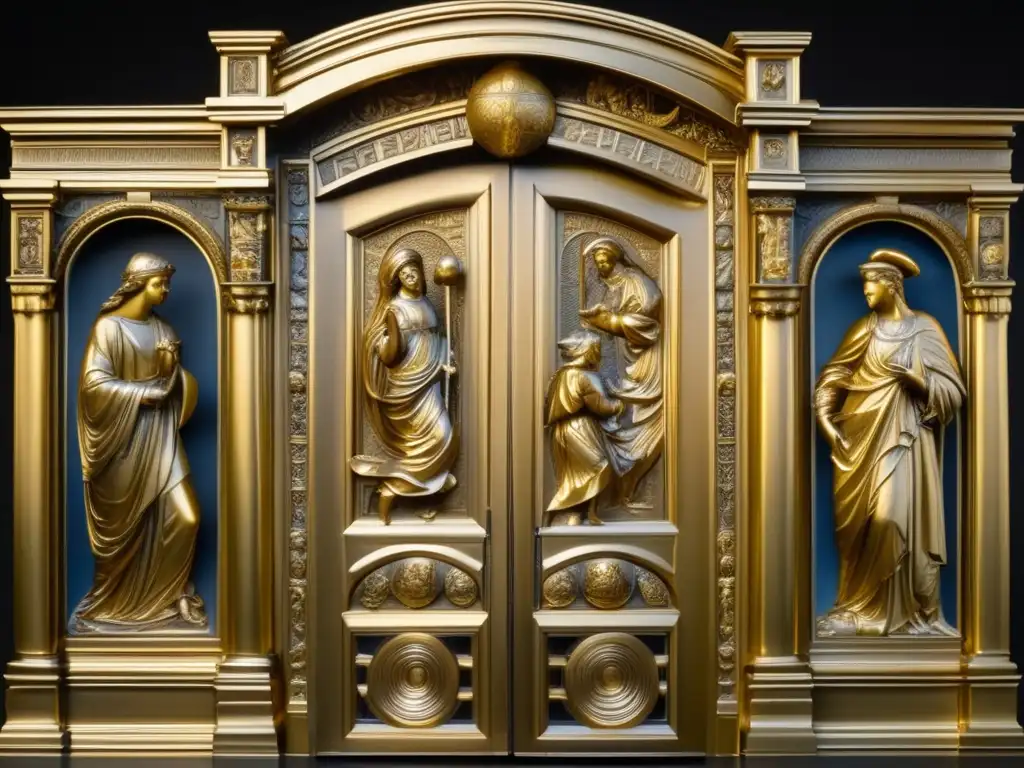 Un detalle ultrafino de las Puertas del Paraíso de Lorenzo Ghiberti, resaltando las esculturas en relieve y los detalles arquitectónicos en bronce