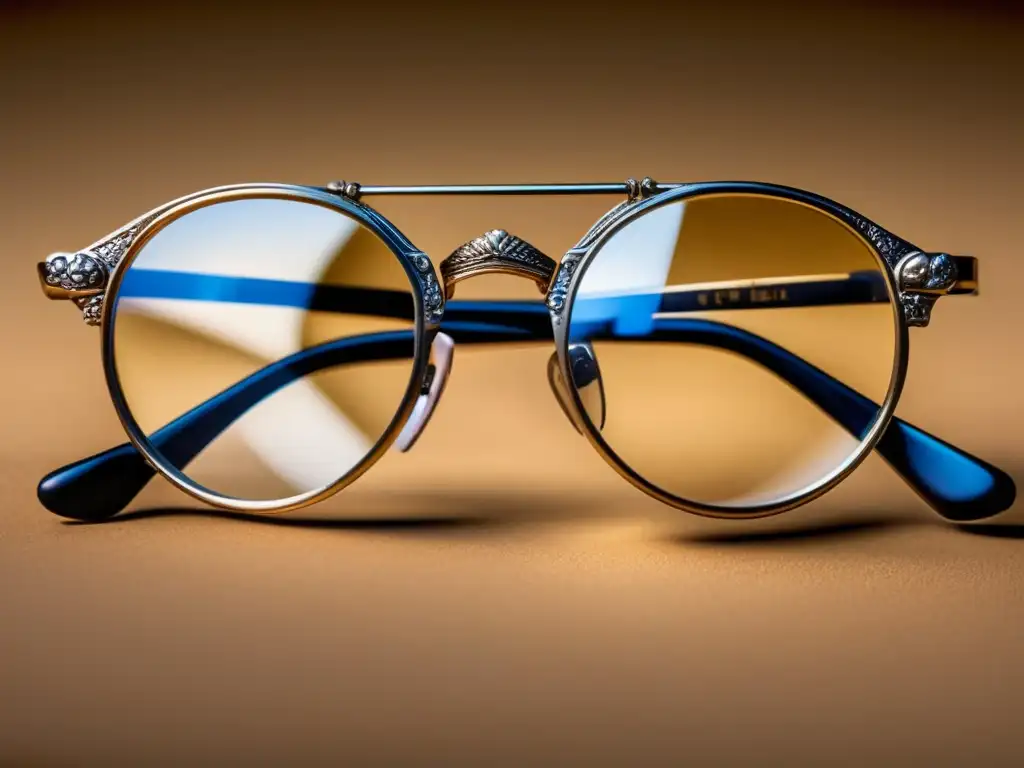 Reflexión de sabiduría: Detalles de los lentes redondos de Mahatma Gandhi Detalles intrincados de las gafas redondas de Mahatma Gandhi, con reflejos de luz en los cristales