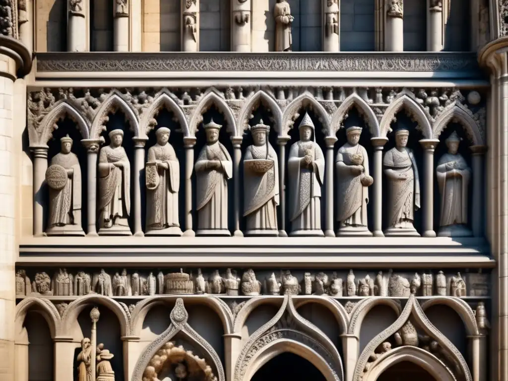 Detalles en piedra de la fachada de la Abadía de Saint-Denis, con esculturas de reyes medievales y figuras religiosas, evocando la Fundación de Francia Medieval Merovingia