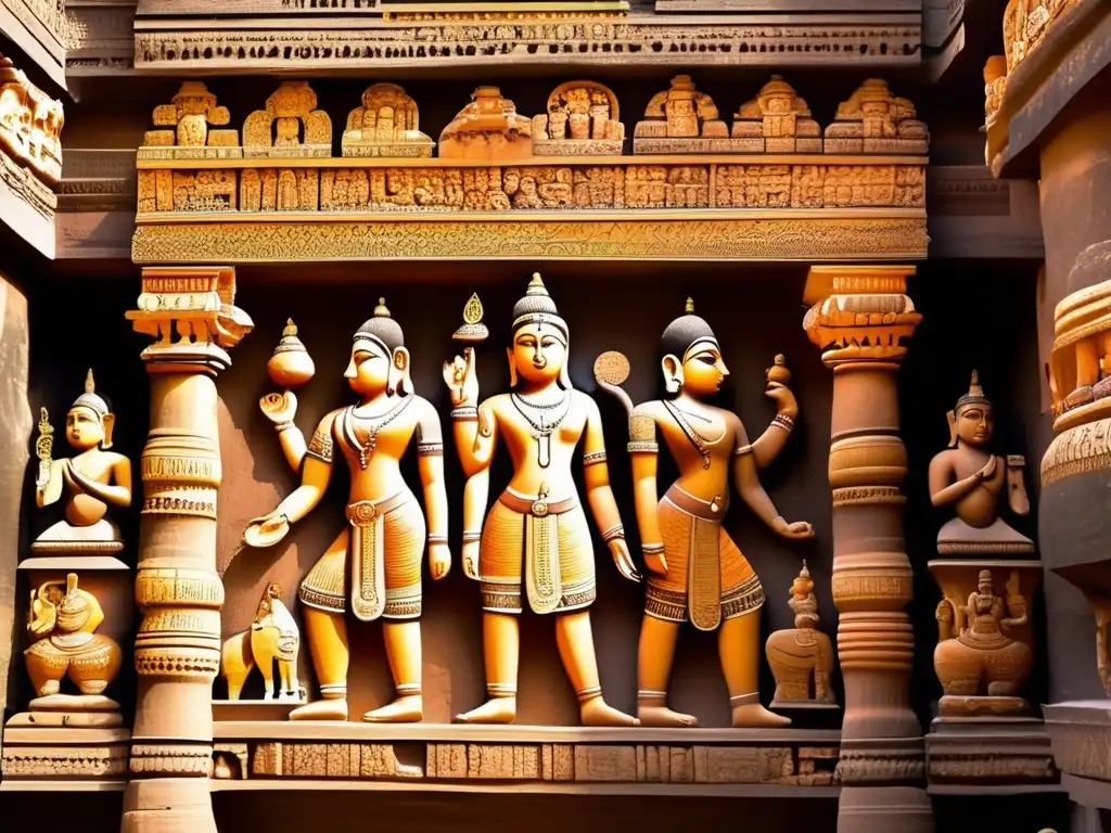 Detalles tallados y esculturas en las cuevas de Ajanta, reflejando la grandeza del Imperio Gupta Renacimiento Clásico India