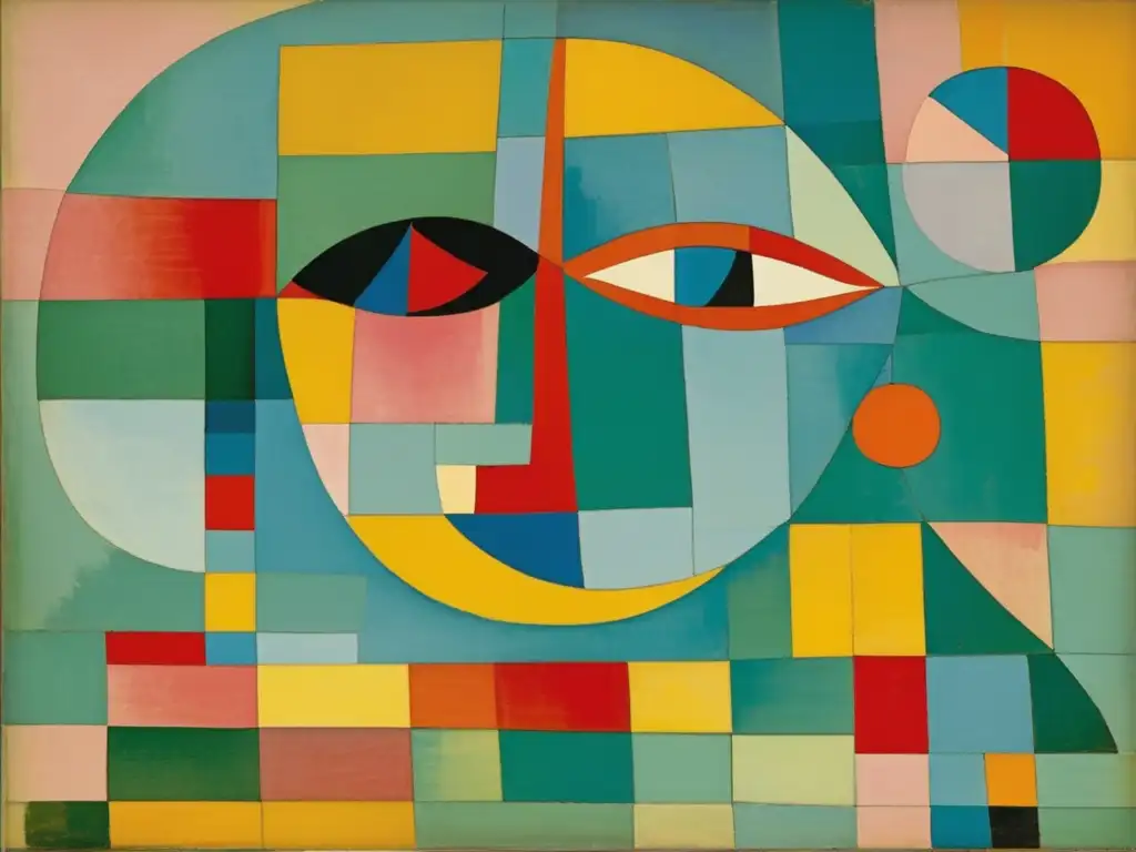 Detalles vívidos de la pintura 'Senecio' de Paul Klee, destacando su paleta de colores, formas geométricas y pinceladas