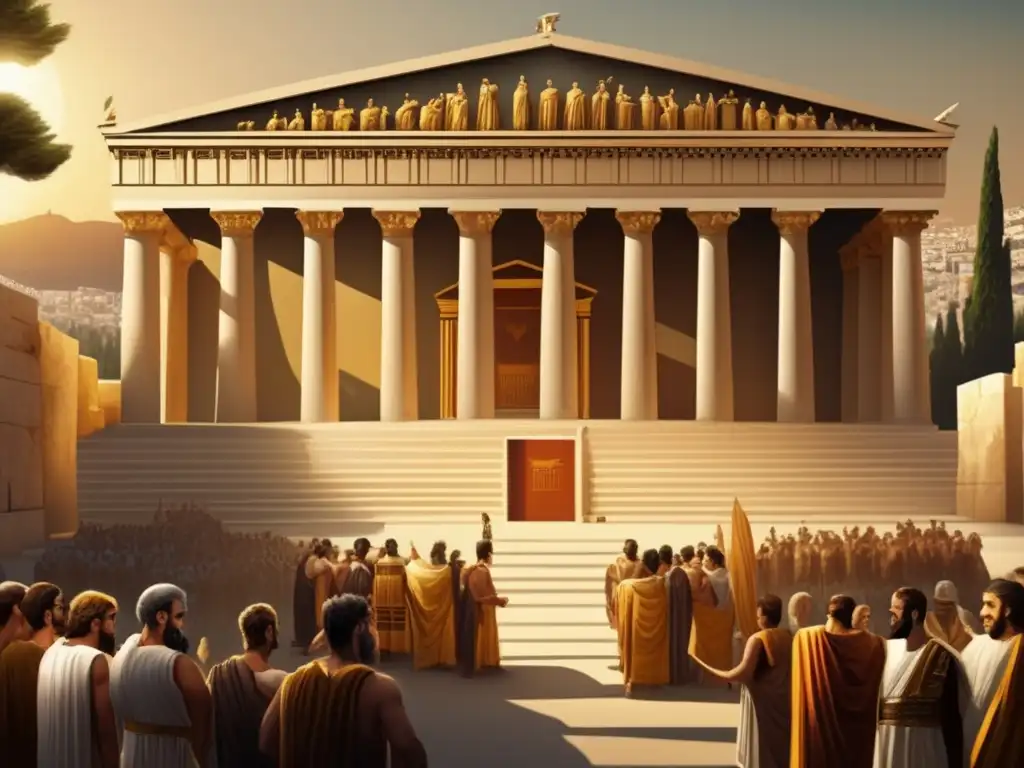 Un día soleado en Atenas, Cleisthenes reformador Atenas invención democracia, habla ante una asamblea griega, rodeado de majestuosas columnas y detalles arquitectónicos