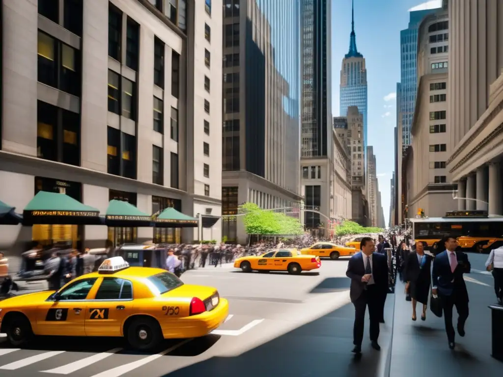 Un día soleado en Wall Street, Nueva York, con rascacielos modernos, profesionales y tráfico