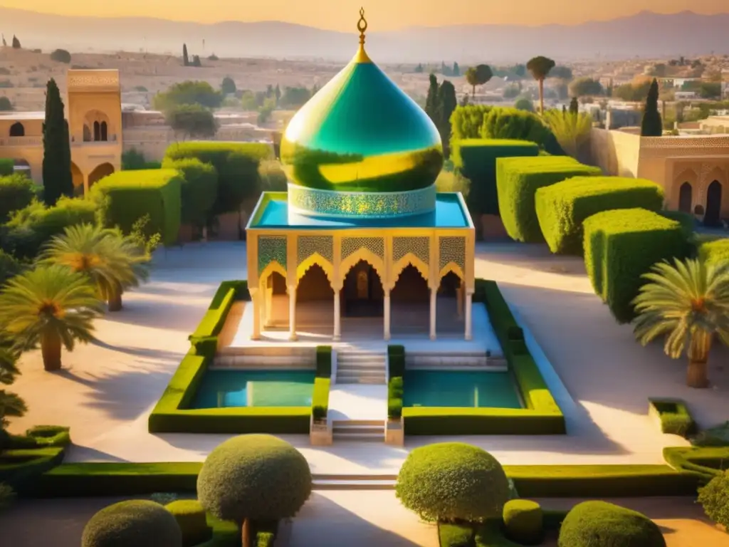 Un día soleado en el jardín alrededor de la tumba de Hafez, poeta lírico persa, con visitantes explorando respetuosamente