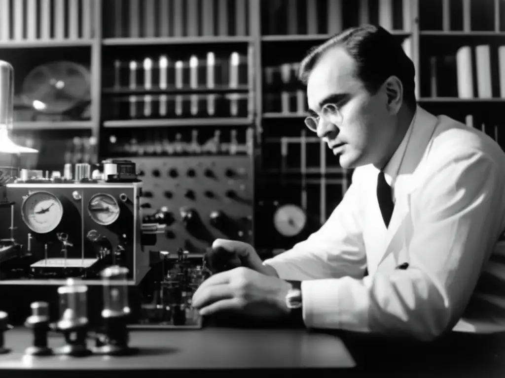 Alexander Stepanovich Popov ajusta un dial en su laboratorio lleno de equipo de radio