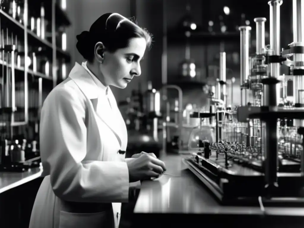 Lise Meitner, física del átomo, Nobel, ajusta un dial en su laboratorio, entre sombras y equipo científico