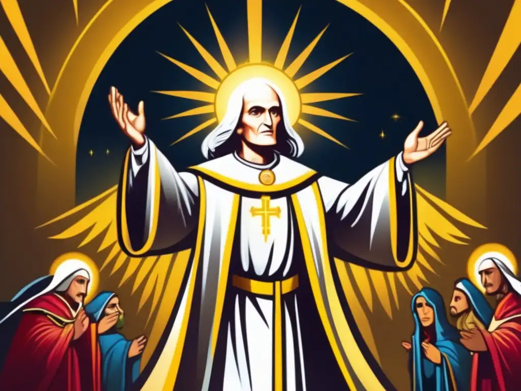 San Juan María Vianney: Luchando contra la oscuridad con poder divino Un dibujo detallado de San Juan María Vianney luchando contra el mal en una radiante luz divina