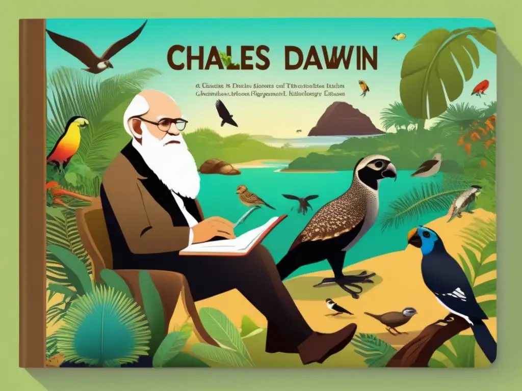 Un dibujo digital de Charles Darwin en las Islas Galápagos, rodeado de especies diversas