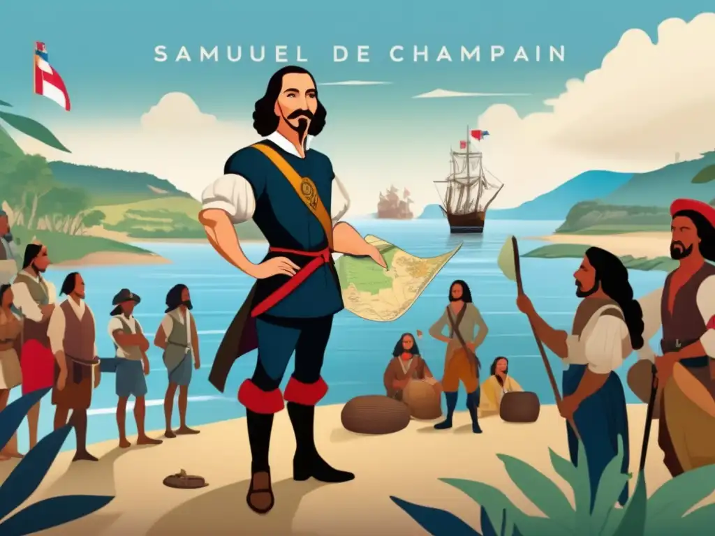 Un dibujo digital moderno de Samuel de Champlain en Nueva Francia, rodeado de indígenas y colonos franceses