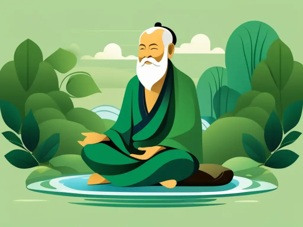 Un dibujo digital sereno y minimalista de Lao Tzu en meditación, rodeado de agua y exuberante vegetación