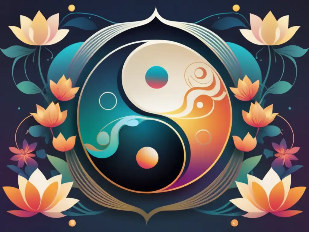 Un dibujo moderno y sereno del símbolo yin yang, con detalles intrincados y colores vibrantes que representan la armonía universal en el Tao Te Ching