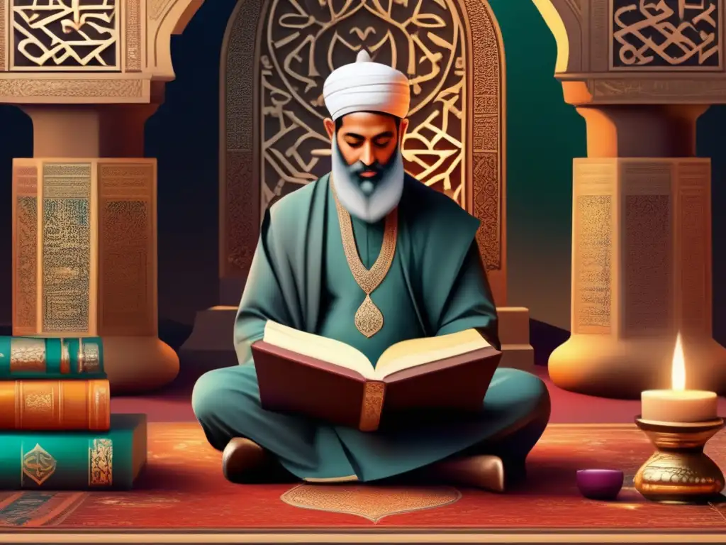 Una ilustración digital de alta resolución con AlGhazali inmerso en contemplación, rodeado de textos y símbolos filosóficos islámicos