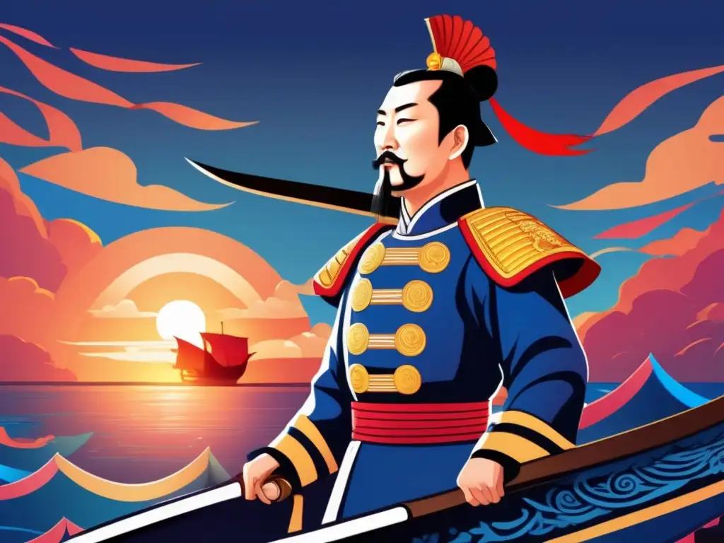 El valiente Almirante Yi Sunsin en un impresionante arte digital naval - En la ilustración digital, el Almirante Yi Sunsin se destaca en la cubierta de un barco de guerra de la dinastía Joseon, con el mar profundo y un atardecer ardiente de fondo