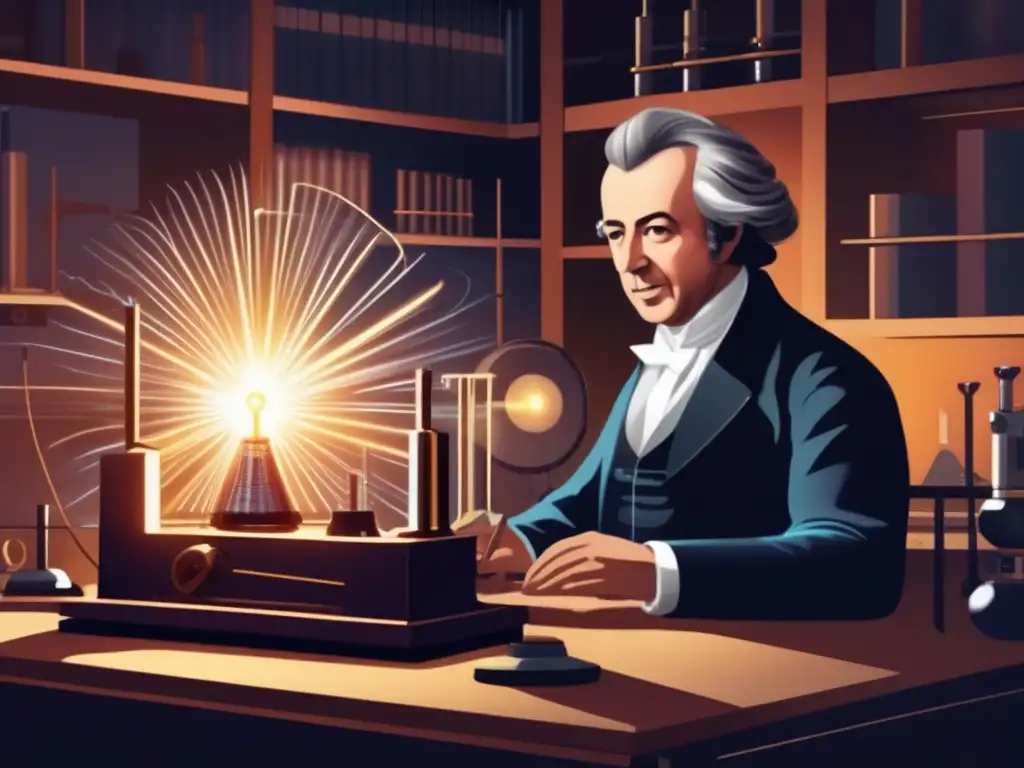 En la ilustración digital, André-Marie Ampère realiza experimentos pioneros en electromagnetismo, con un ambiente de descubrimiento científico