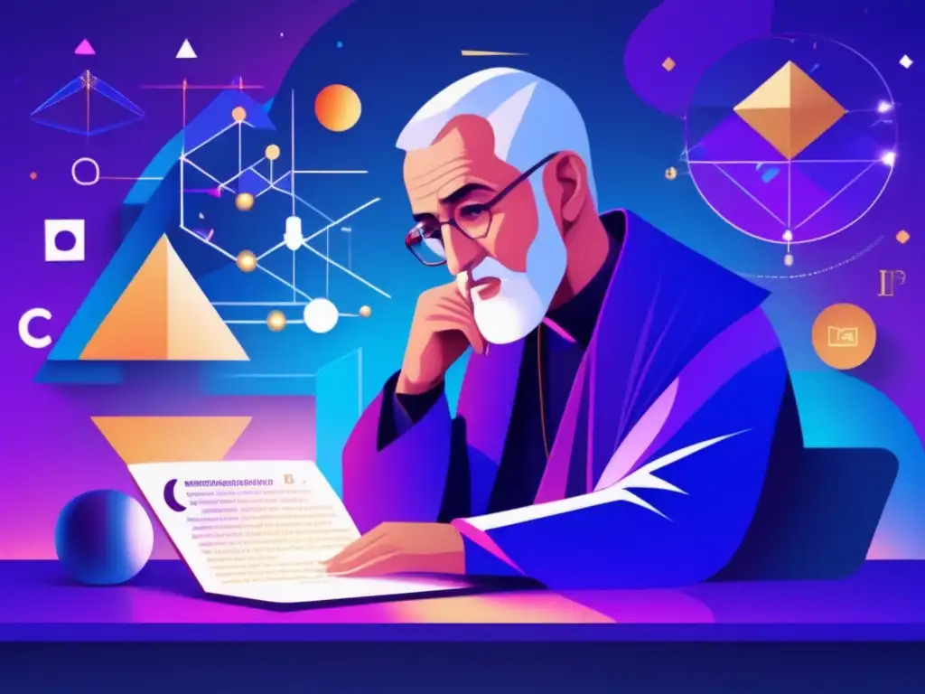 En la ilustración digital, Anselmo de Canterbury reflexiona rodeado de conceptos ontológicos y símbolos filosóficos