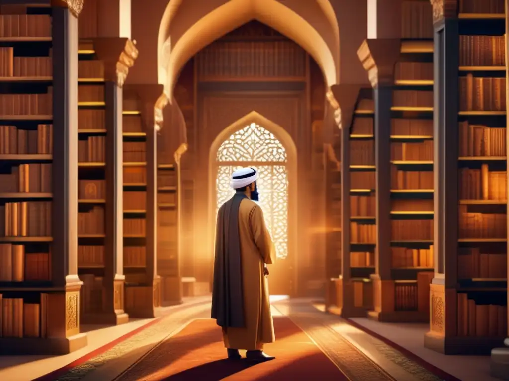 Un digital artwork de Ibn Khaldun en una antigua biblioteca, irradiando influencia en sociología