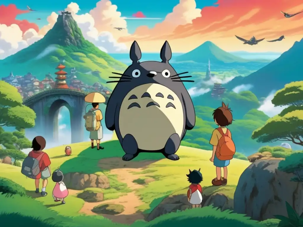 Una ilustración digital asombrosa en 8k de Hayao Miyazaki rodeado de personajes icónicos de Studio Ghibli