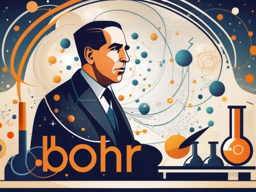 En una ilustración digital de alta resolución, Niels Bohr se encuentra en un laboratorio, rodeado de partículas atómicas y ecuaciones