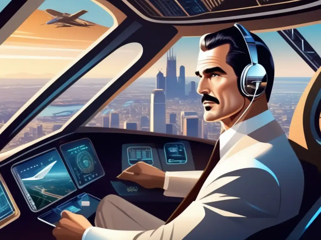 En la ilustración digital de alta resolución, Howard Hughes está en la cabina futurista de una aeronave, rodeado de tecnología de vanguardia y una ciudad debajo