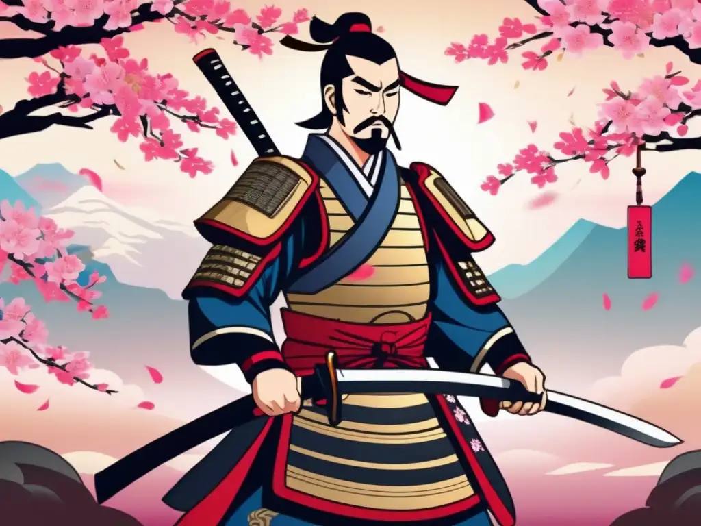 Unificador de Japón: Toyotomi Hideyoshi, el samurái imponente- En la ilustración digital, Toyotomi Hideyoshi se yergue en un campo de batalla, ataviado con armadura samurái y empuñando una katana