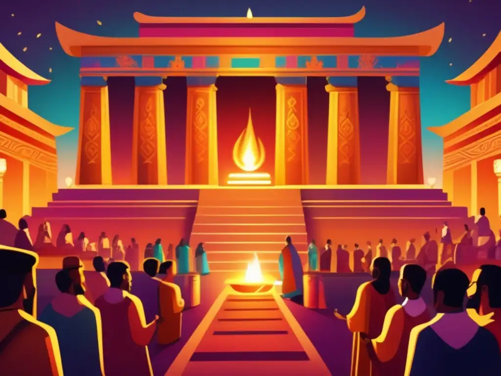 La ilustración digital muestra una ceremonia religiosa en un templo antiguo