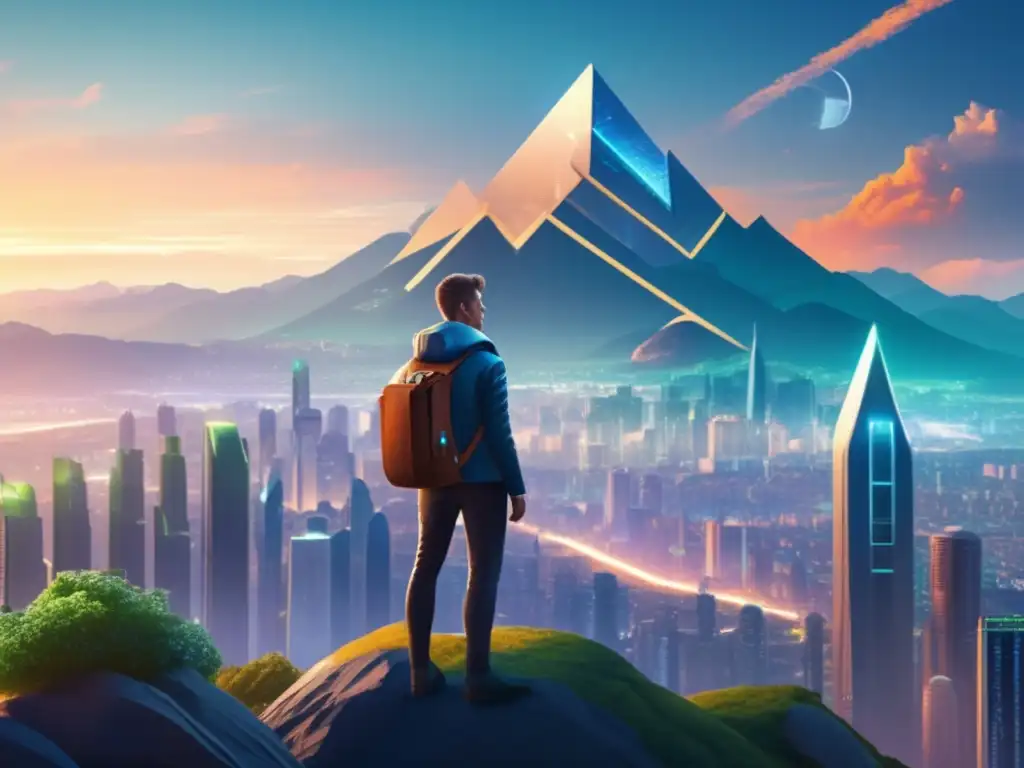 En la ilustración digital 8k, Nikolai Fyodorov contempla una ciudad futurista desde la cima de una montaña, envuelto en luz etérea