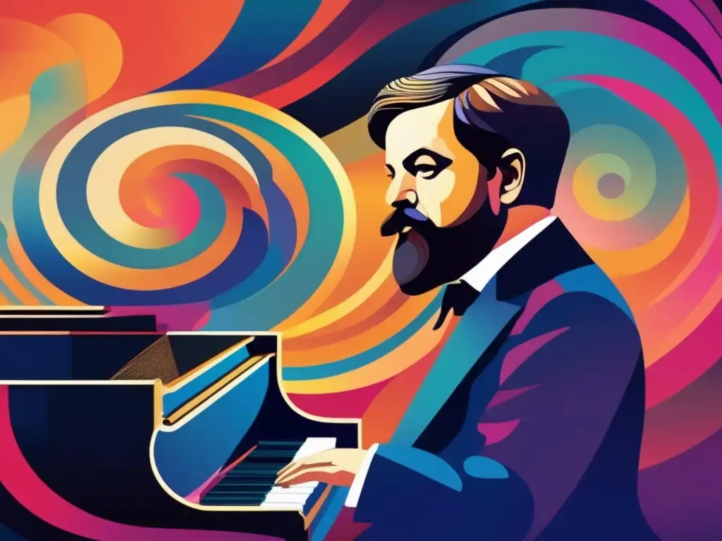 Bella representación digital de Claude Debussy al piano, rodeado de abstractas representaciones del sonido y la música