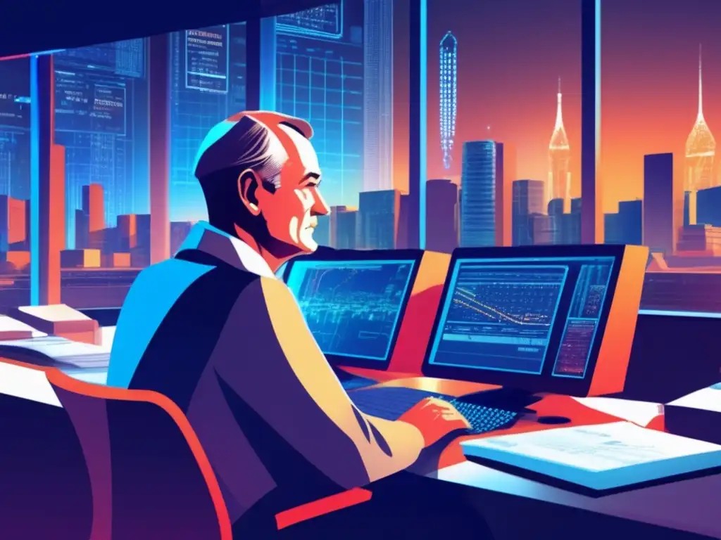 En una ilustración digital de alta resolución, Seymour Cray está sentado en su escritorio rodeado de supercomputadoras, con una ciudad futurista visible a través de la ventana