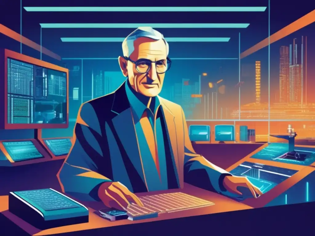 En una ilustración digital de alta resolución, Robert Noyce supervisa el desarrollo de microchips en un laboratorio futurista
