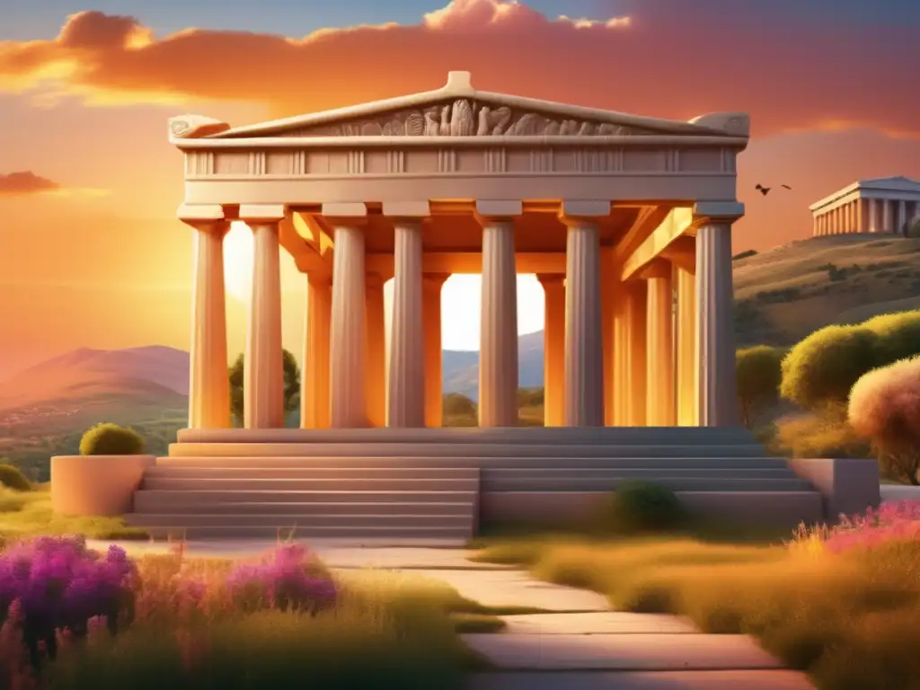 Una ilustración digital deslumbrante de un vibrante templo griego antiguo entre colinas exuberantes