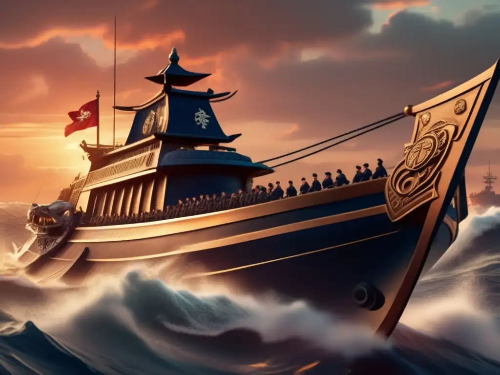 Admirable ilustración digital de Admiral Yi Sunsin en batalla naval al atardecer Ilustración digital detallada del Almirante Yi Sunsin comandando su famosa tortuga durante una batalla naval al atardecer