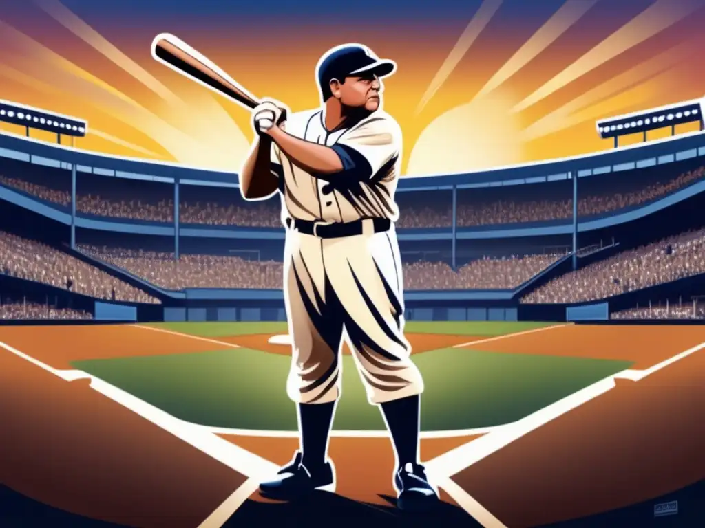 Ilustración digital detallada de Babe Ruth en el campo de béisbol, capturando su vida y legado