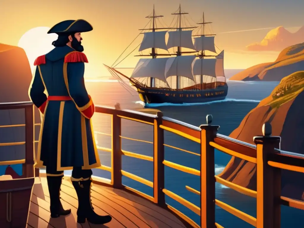 En la ilustración digital detallada, John Cabot contempla la costa de América del Norte al amanecer en su histórico viaje de descubrimiento