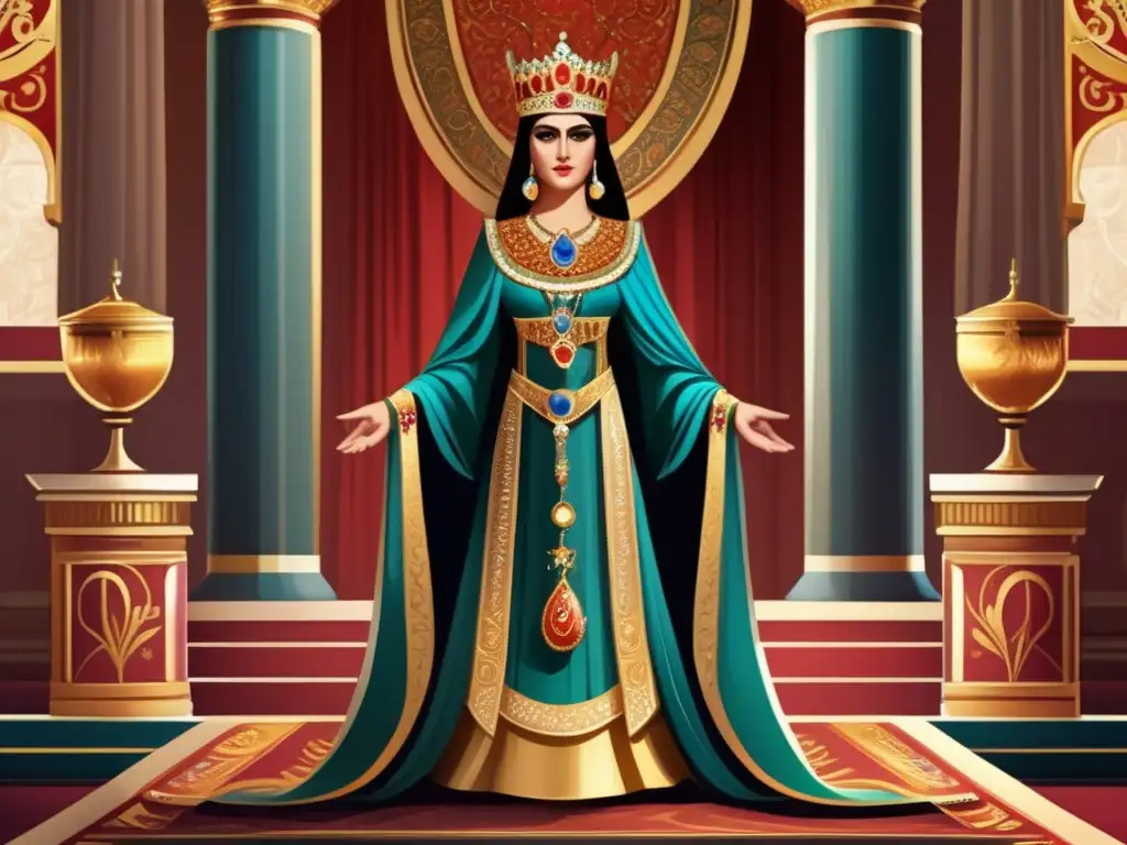 La ilustración digital detallada muestra a Teodora emperatriz en su esplendor real, exudando poder y confianza en la corte bizantina