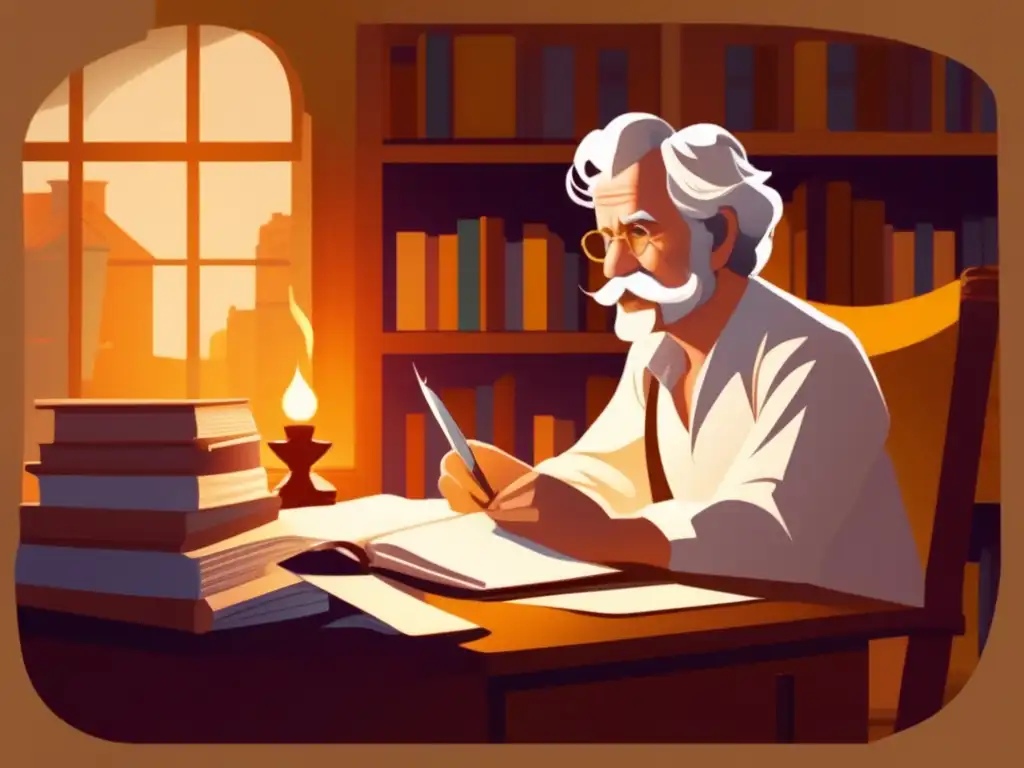 En la ilustración digital detallada, Mark Twain se sienta en su escritorio, rodeado de papeles y libros, con expresión contemplativa mientras sostiene una pluma sobre una página en blanco