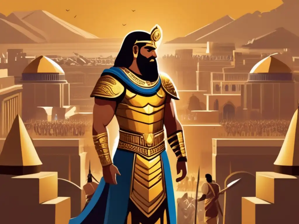 Un ilustración digital detallada de Gilgamesh, el legendario rey mesopotámico, con armadura dorada y símbolos antiguos