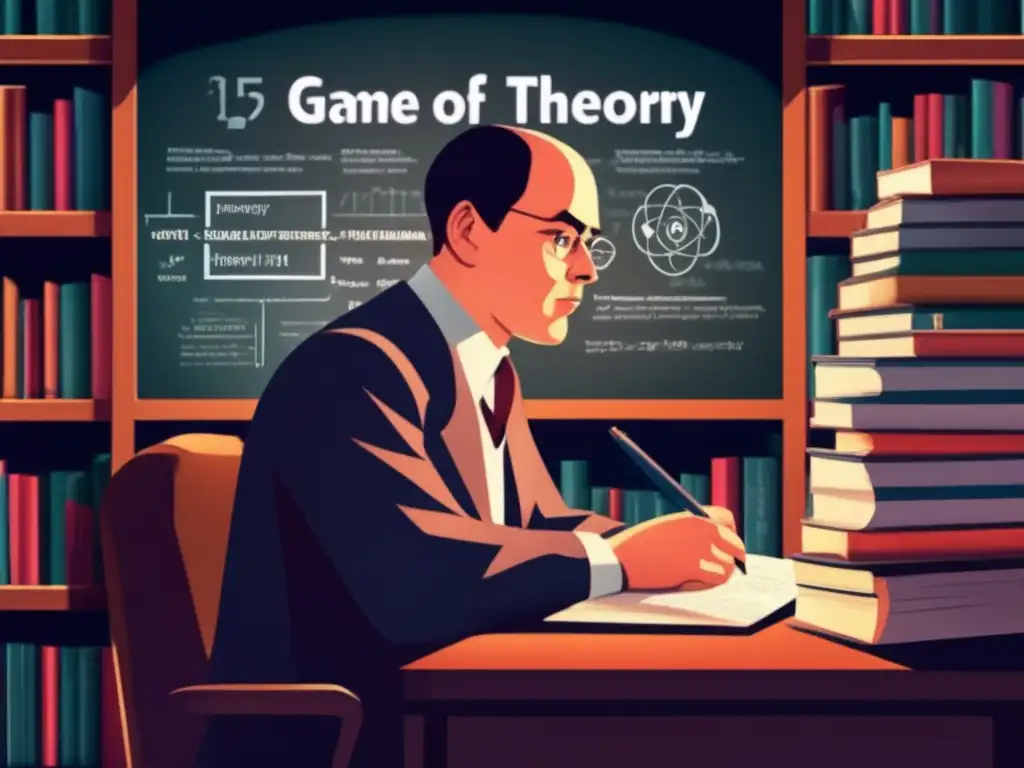Un ilustración digital detallada de John von Neumann inmerso en la teoría de juegos y análisis matemático, rodeado de libros y papeles