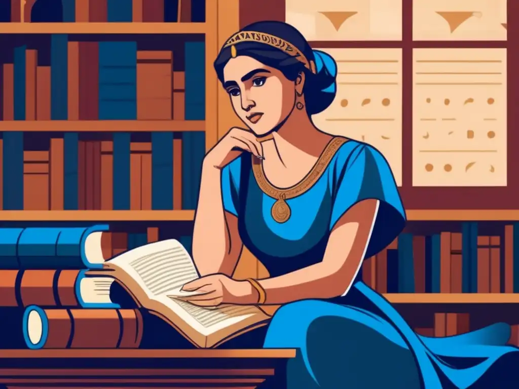 En una ilustración digital de alta resolución, Hipatia de Alejandría contempla una ecuación matemática en una antigua biblioteca rodeada de pergaminos y libros